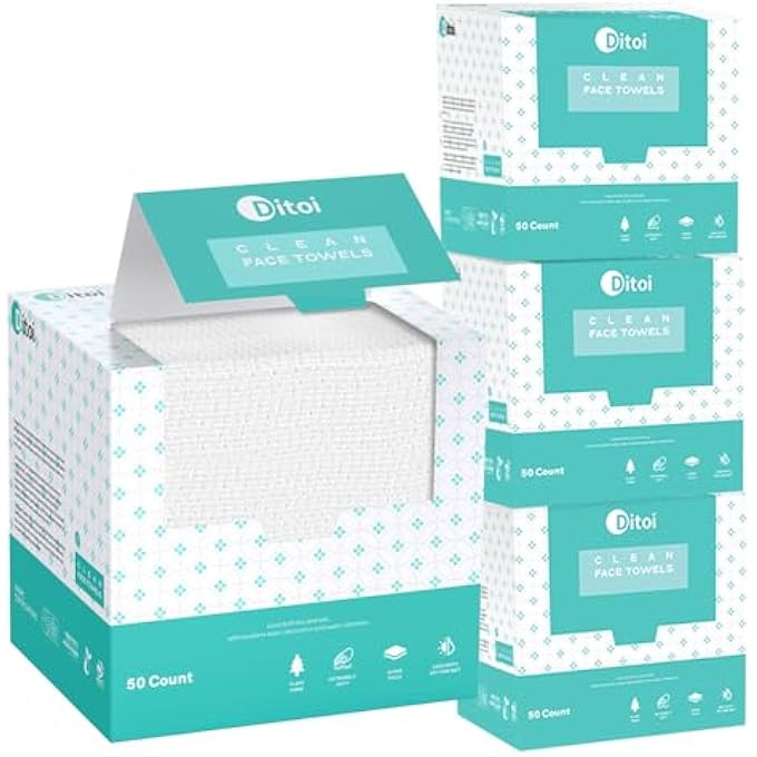 Ditoi DISPOSABLE FACE TOWELS, DAILY FACIAL TISSUES, SUPER SOFT AND THICK FACE TOWELS XL, MAKEUP REMOVER DRY WIPES, FACIAL CLEAN CLOTHS FOR SENSITIVE SKIN, 10"12" 50 COUNT (4 PACK) - Image 1